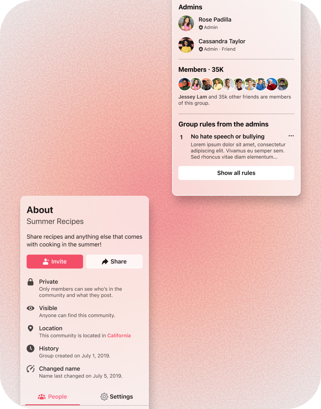 A group's About panel — rules, admins, and members