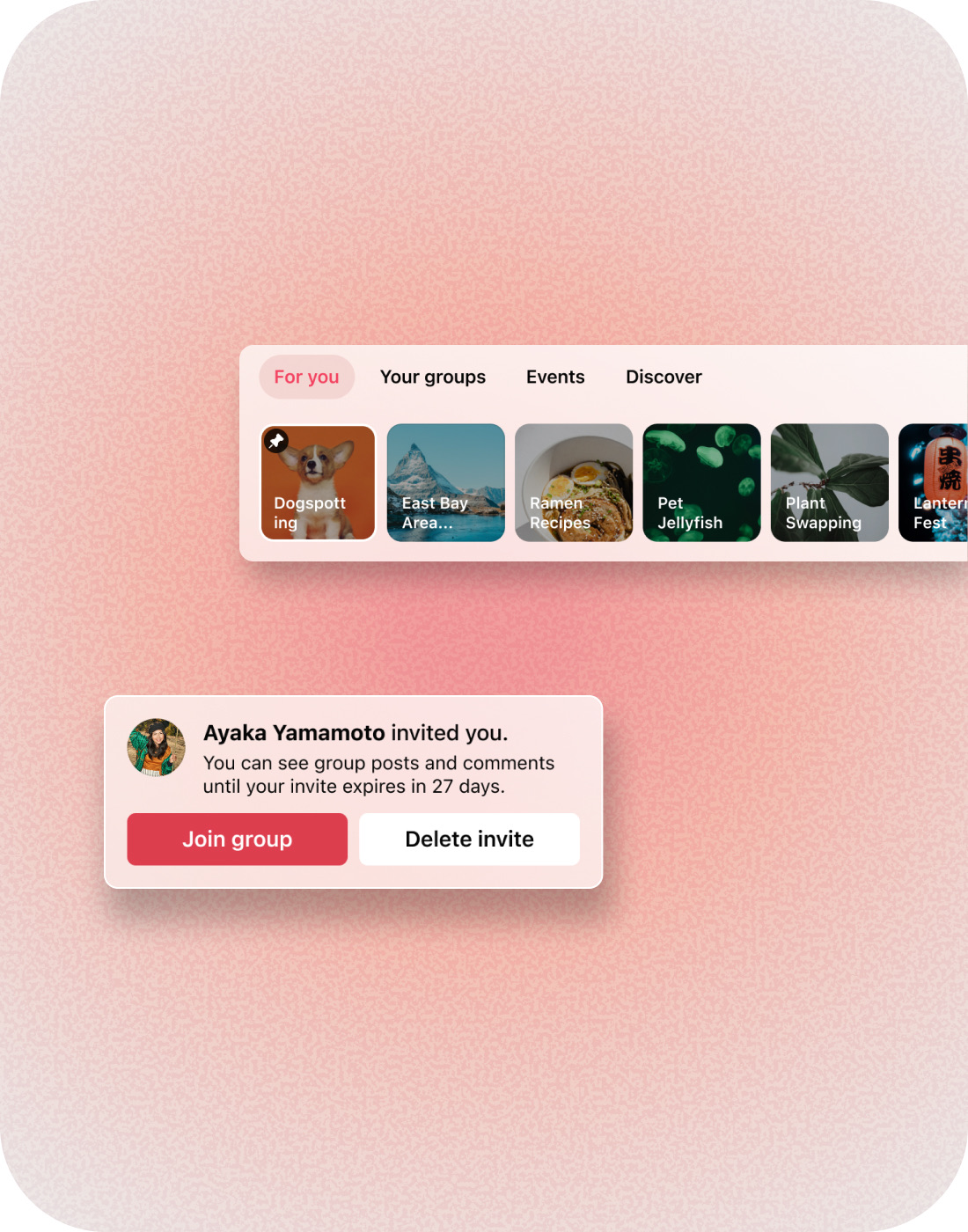 Group discovery and an invitation to join, with an inviter card