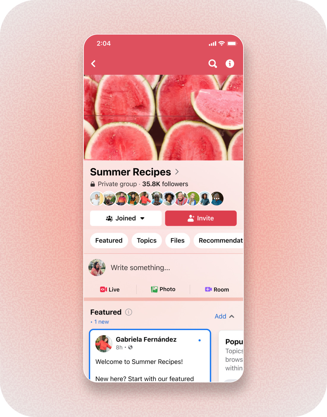A group's Community Home, with navigation and featured posts