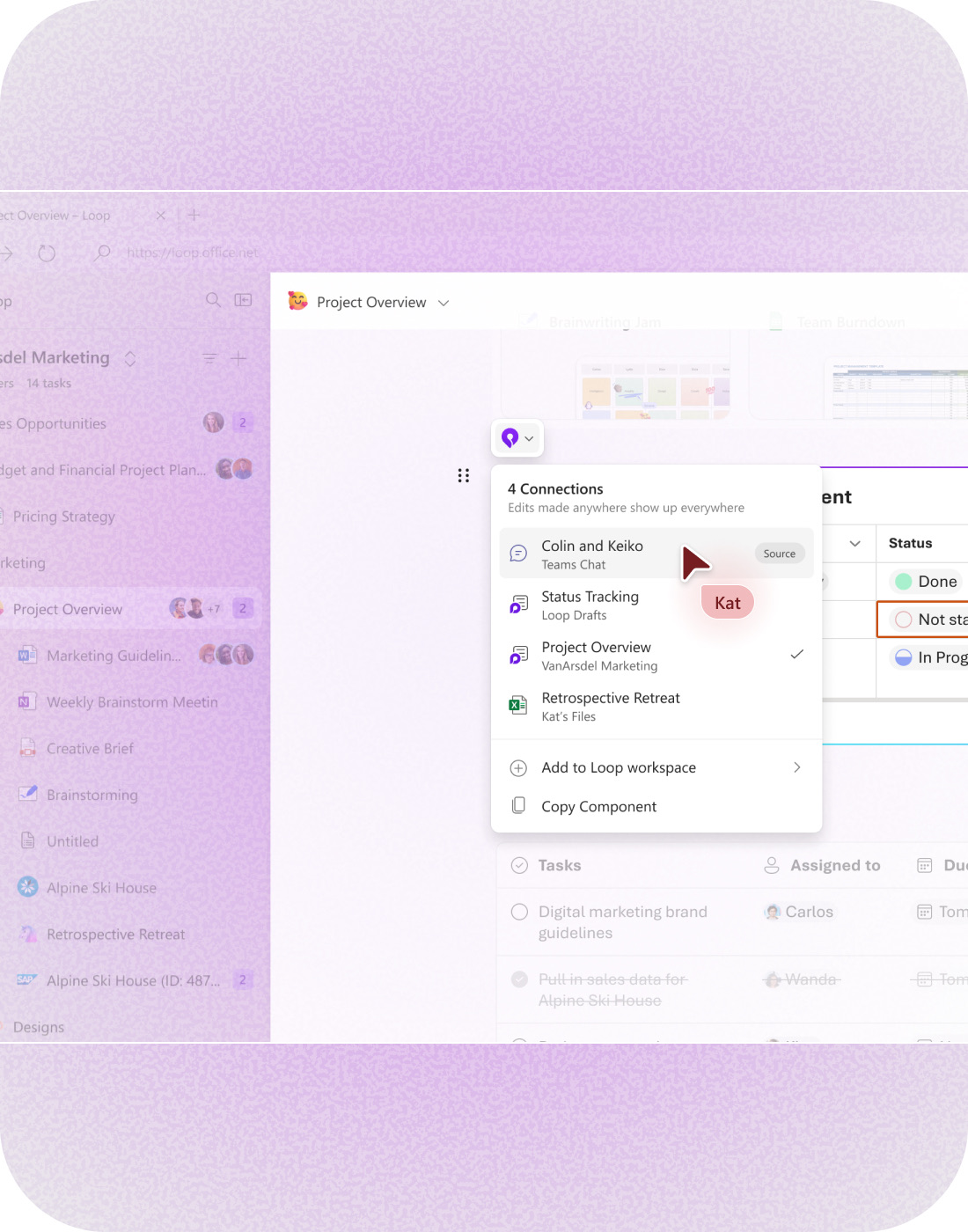 A Loop component synced across Microsoft 365, showing everywhere it appears