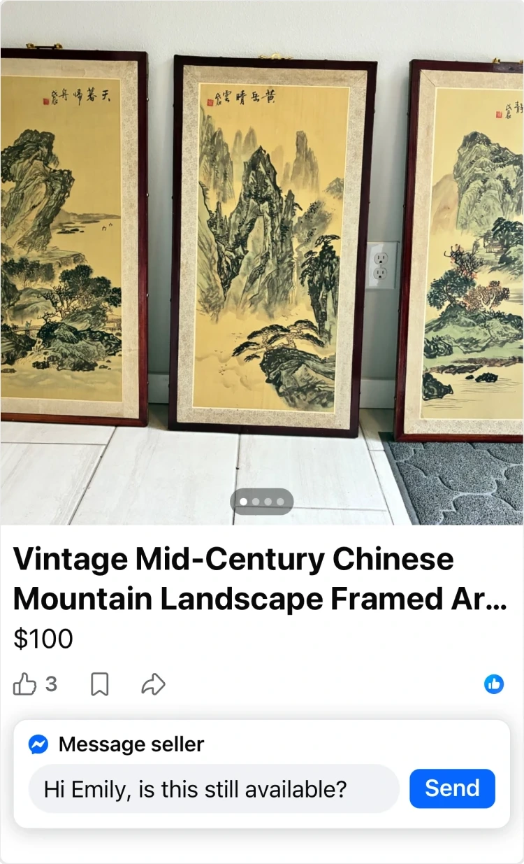 A Marketplace listing with a &ldquo;Message seller&rdquo; composer under the price.