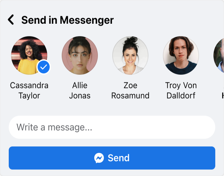 The share sheet&rsquo;s Send in Messenger panel: a row of recipients with Cassandra Taylor selected, a message field and a blue Send button.