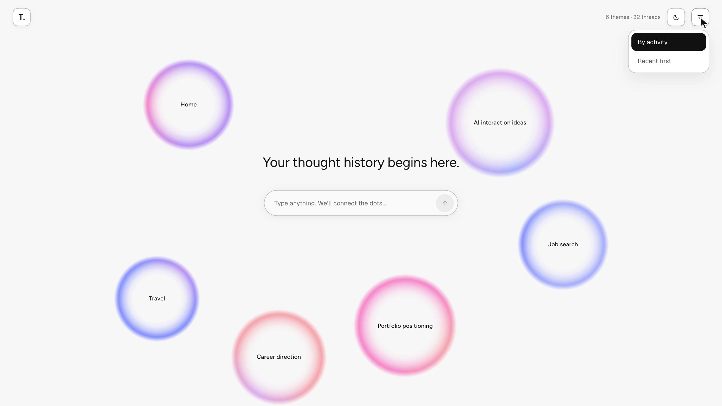 The home canvas with the Arrange themes menu open from the top right: By activity, selected, and Recent first, above the six theme orbs.