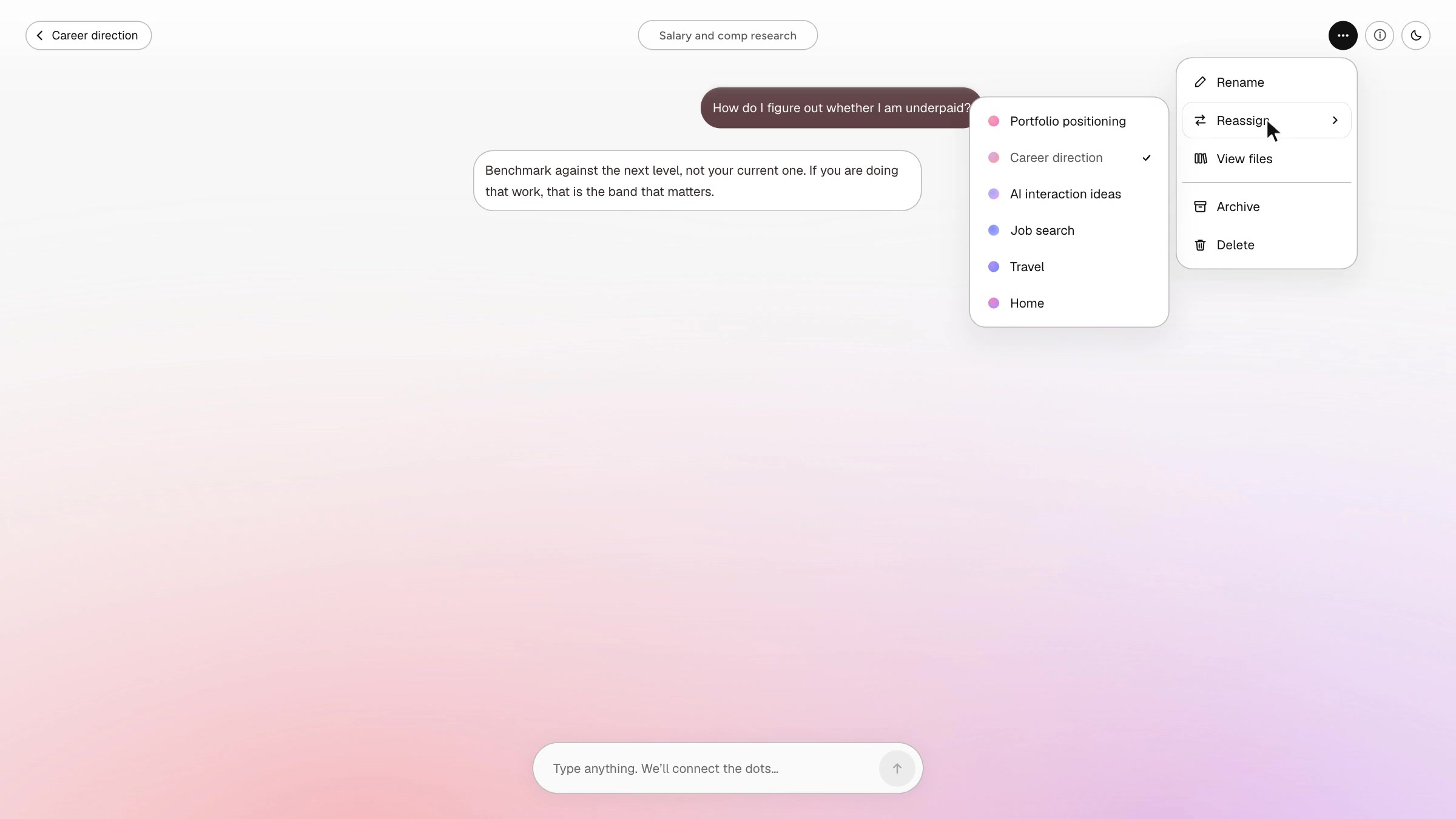 A thread&rsquo;s overflow menu open on Reassign, with the list of themes beside it: Portfolio positioning, Career direction (checked), AI interaction ideas, Job search, Travel and Home, each with its colour dot.