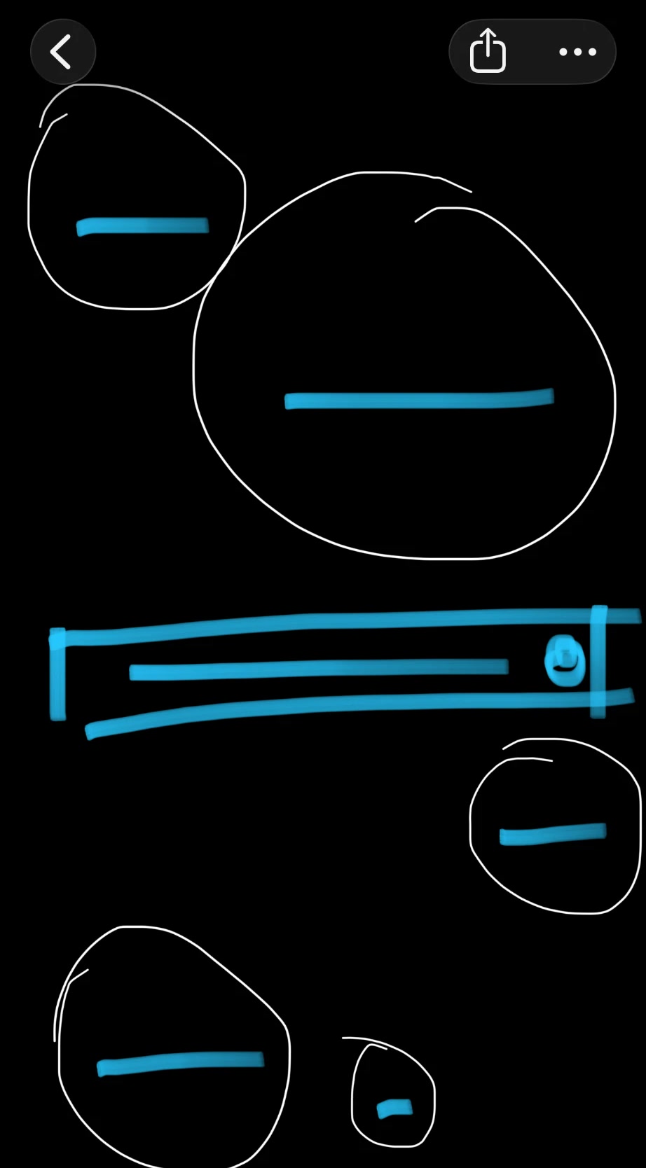 A phone-note sketch on a black canvas: five white hand-drawn orbs of different sizes and one wide input bar drawn in blue.