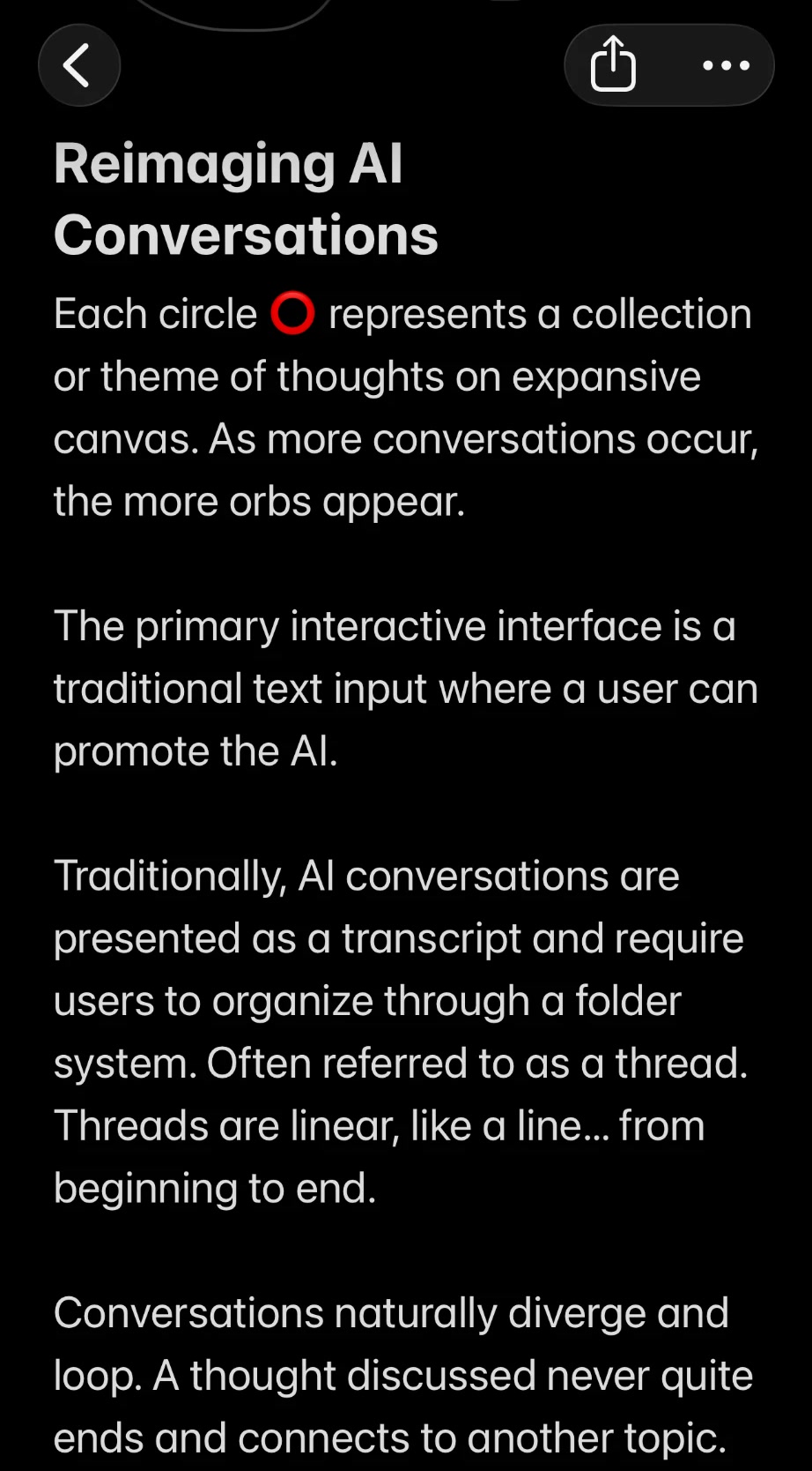 Notes titled Reimagining AI Conversations: each circle represents a collection or theme of thoughts on an expansive canvas, with a text input as the primary interface.