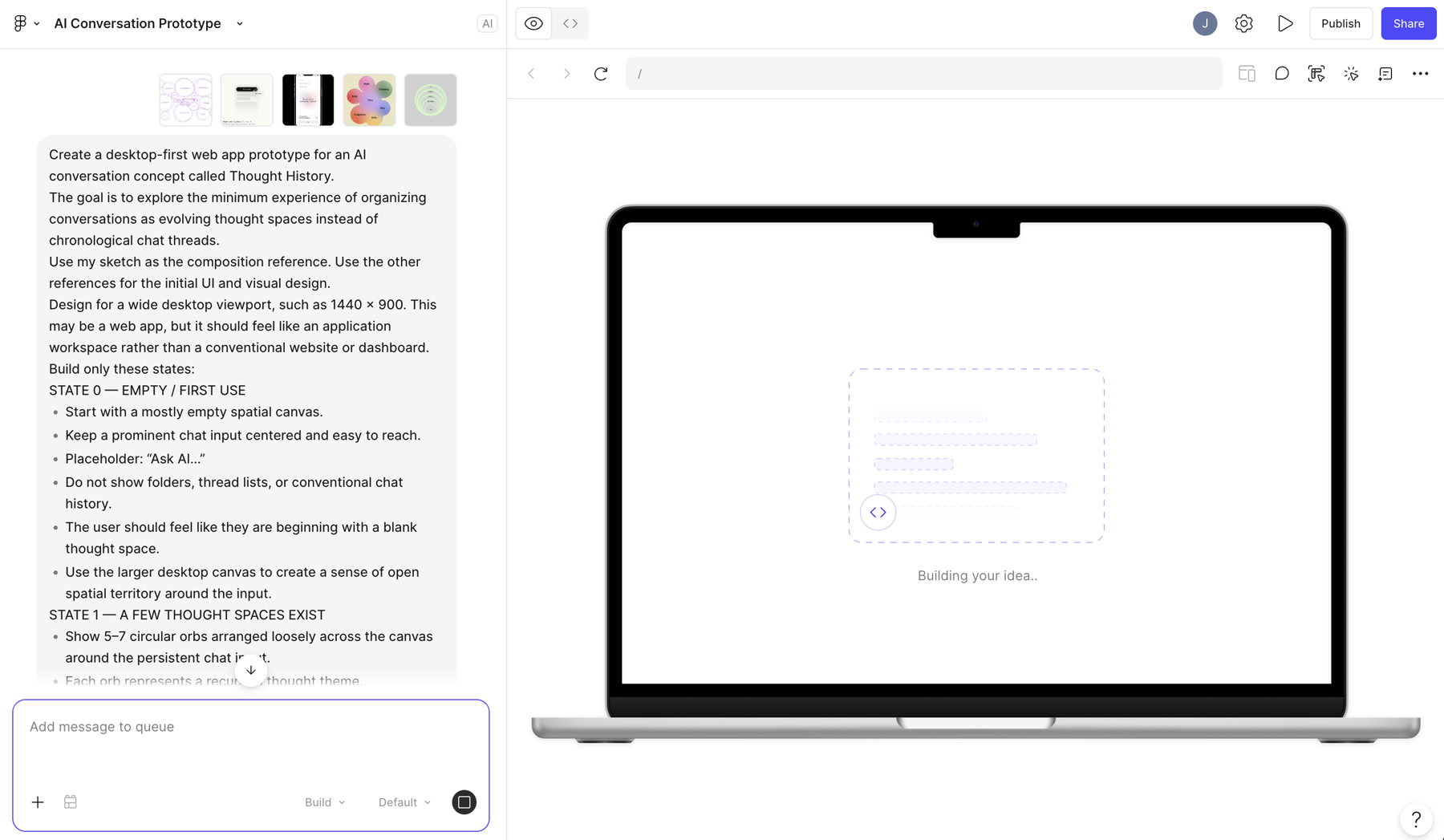 The Figma Make editor: the brief entered as a prompt in the sidebar, with the sketch among the reference thumbnails.