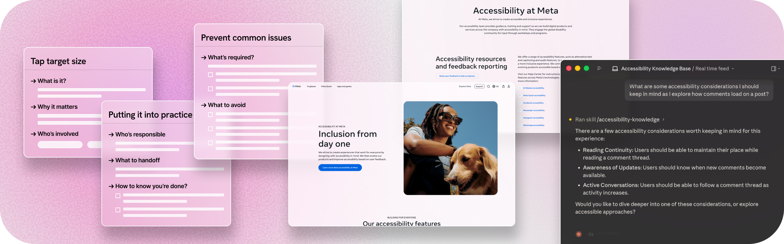 Preview of accessibility guidance, product features, and a knowledge base built at Meta